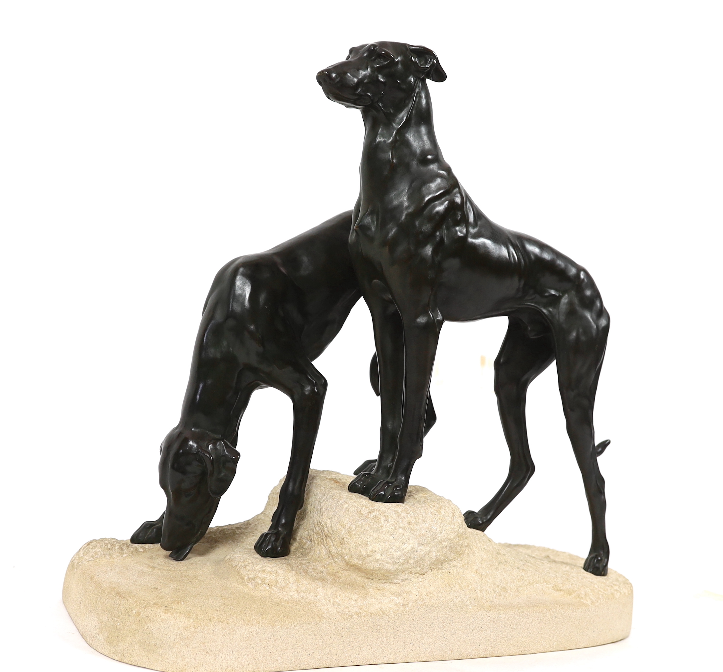 Jules Edmund Masson (French, 1871-1932). A French Art Deco bronze group of two hounds, 58cm wide, 21cm deep, 53cm high